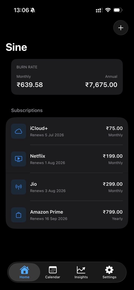Sine home screen showing monthly burn rate and tracked subscriptions