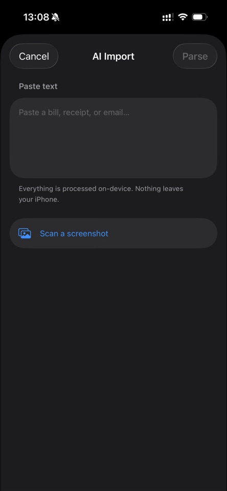 Sine on-device AI import screen